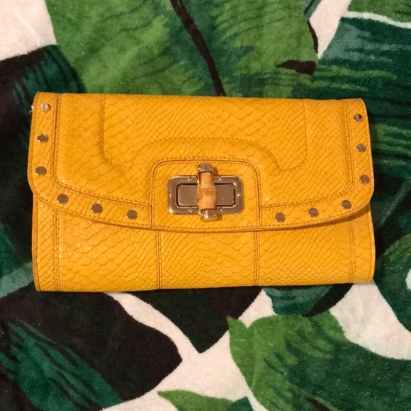 Sondra Roberts Handbags - Yellow reptile clutch, gold chain removable strap